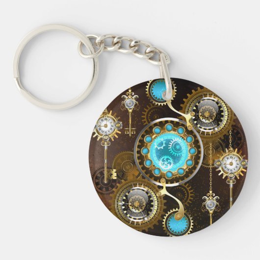 Steampunk Rusty Background met Turquoise Lenses Sleutelhanger (Voorkant)