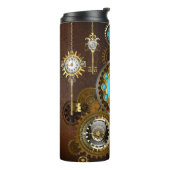 Steampunk Rusty Background met Turquoise Lenses Thermosbeker (Gedraaid links)