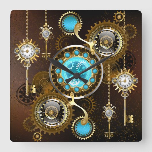 Steampunk Rusty Background met Turquoise Lenses Vierkante Klok (Voorkant)