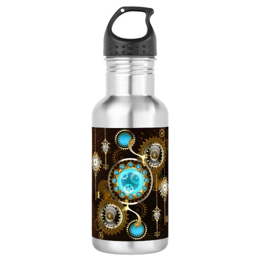 Steampunk Rusty Background met Turquoise Lenses Waterfles (Voorkant)