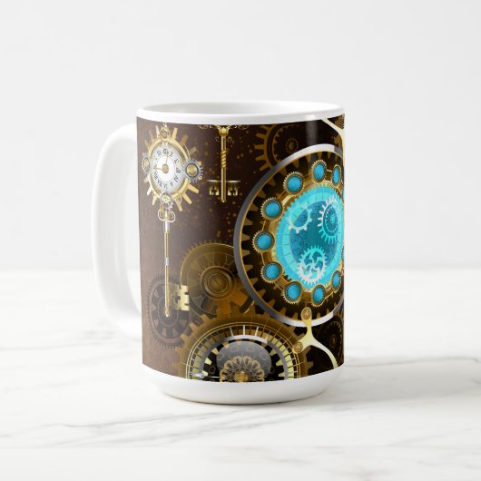 Steampunk Rusty Background with Turquoise Lenses Koffiemok (Voorkant links)