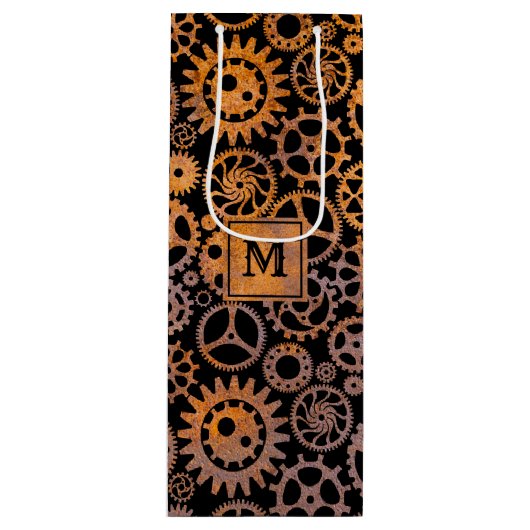 Steampunk Rusty Gears Aangepast monogram Blok Wijn Cadeautas (Voorkant)