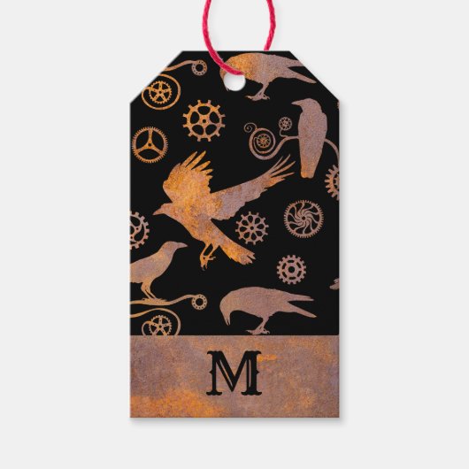 Steampunk Rusty Gears en Crows Custom Monogram Cadeaulabel (Voorkant)
