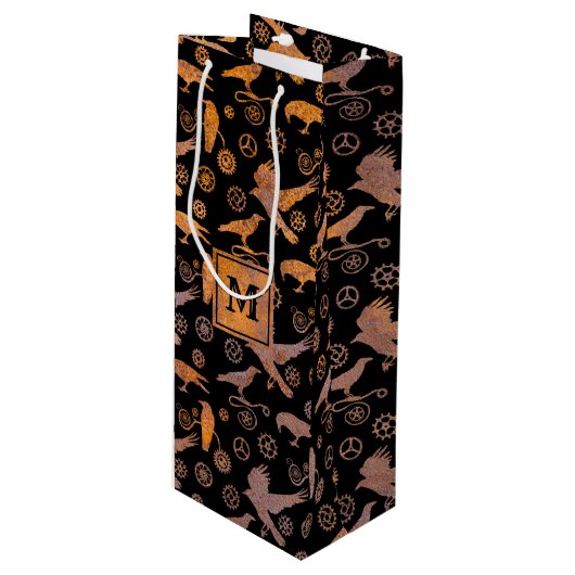 Steampunk Rusty Gears en Crows Monogram Block Wijn Cadeautas (Voorkant Gekanteld)