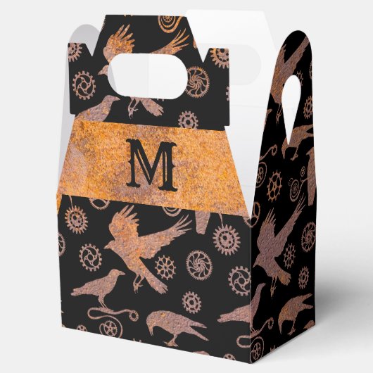 Steampunk Rusty Gears en Crows Monogram Gable Bedankdoosjes (Geopend)