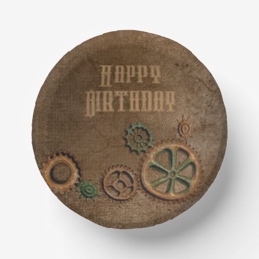 Steampunk Rusty Gears Happy Birthday Paper Borden Papieren Kommen (Voorkant)