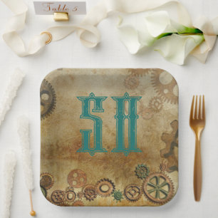 Steampunk Rusty Gears Verjaardagsleeftijd Papieren Papieren Bordje