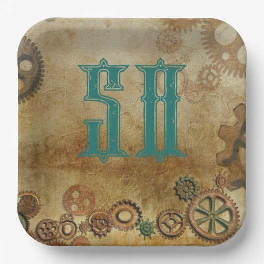 Steampunk Rusty Gears Verjaardagsleeftijd Papieren Papieren Bordje (Voorkant)