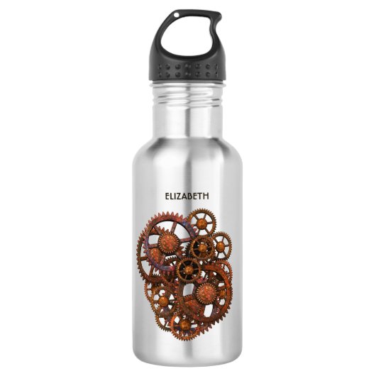Steampunk Rusty Metal Gears met schaduwen Waterfles (Voorkant)