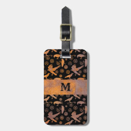 Steampunk Rusty Steel Gears and Crows Monogram Bagagelabel