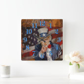 Steampunk Sam Patriotic US Flag Design Vierkante Klok (Huis)