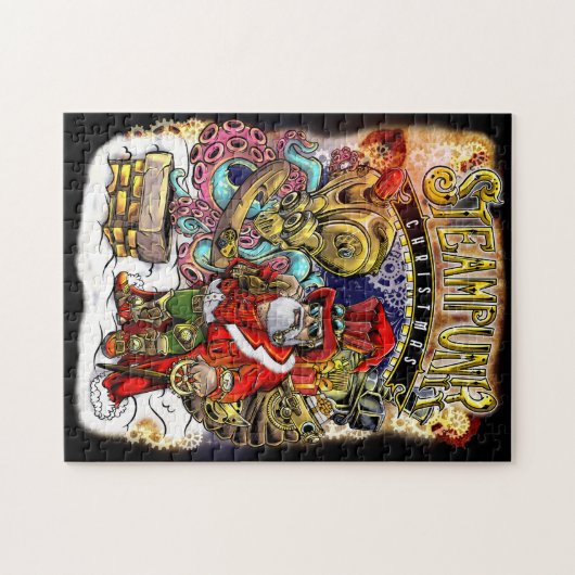 Steampunk Santa Claus en Octopus Reindeer Kerstmis Legpuzzel (Horizontaal)