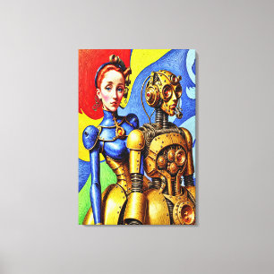 Steampunk Schattige Meisje en Machine Vriend Canvas Afdruk