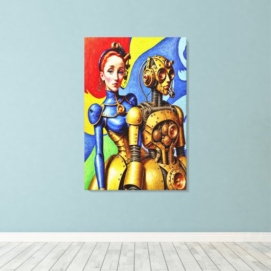 Steampunk Schattige Meisje en Machine Vriend Canvas Afdruk (Insitu (Houten vloer))