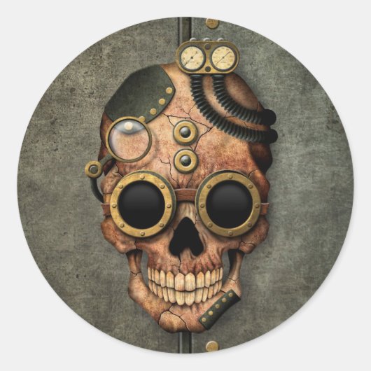 Steampunk schedel met bril - Steel Effect Ronde Sticker (Voorkant)