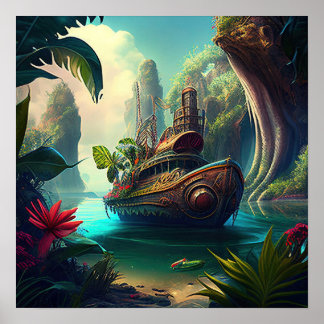 Steampunk schip in een oerwoud magisch realisme -  poster