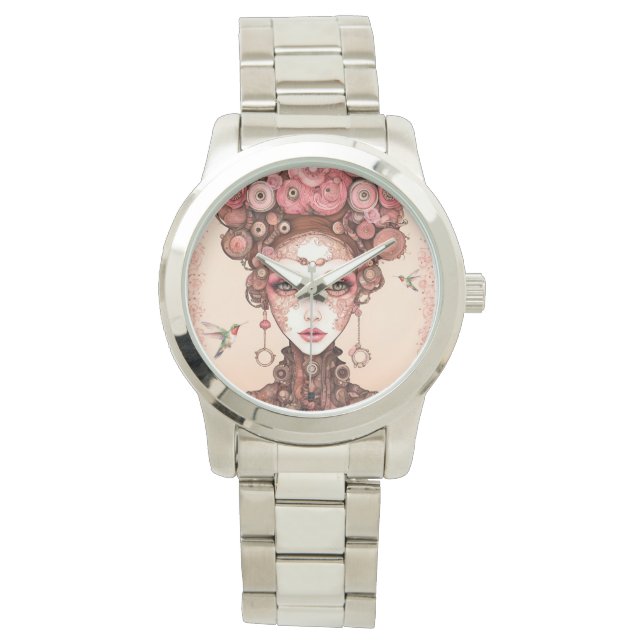  STEAMPUNK SCHOONHEIDSPOP GEZICHT ROZE OP METAAL HORLOGE (Voorkant)