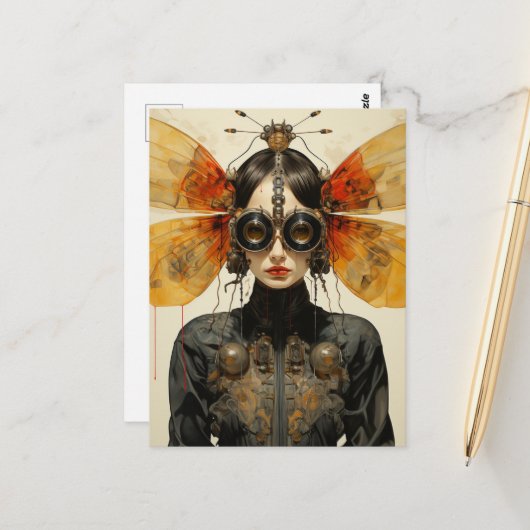 Steampunk Scifi Insect Vrouw Briefkaart (Voorkant / Achterkant in situ)