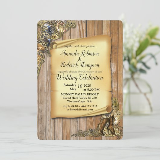 Steampunk sculpturen op hout kaart (Staand voorkant)