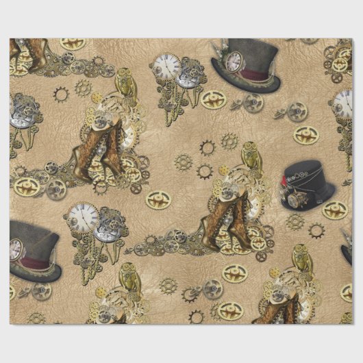 Steampunk-sculpturen op Tan Leather Texture Cadeaupapier (Vlak)