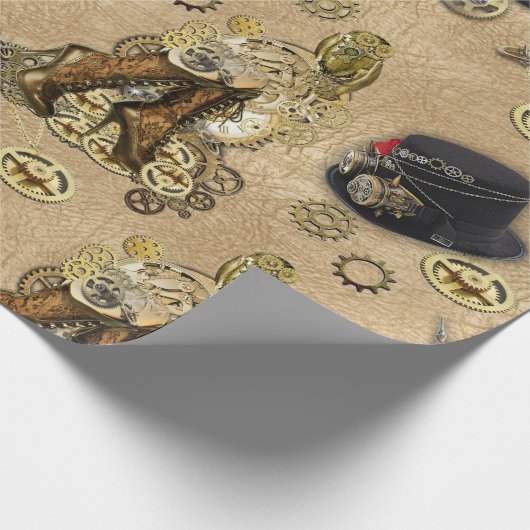 Steampunk-sculpturen op Tan Leather Texture Cadeaupapier (Hoek)