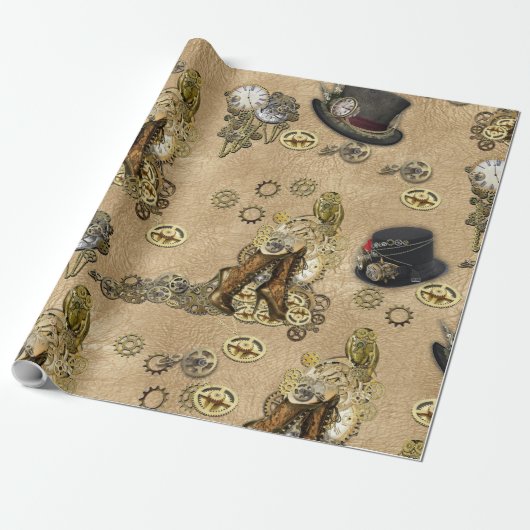 Steampunk-sculpturen op Tan Leather Texture Cadeaupapier (Uitgerold)