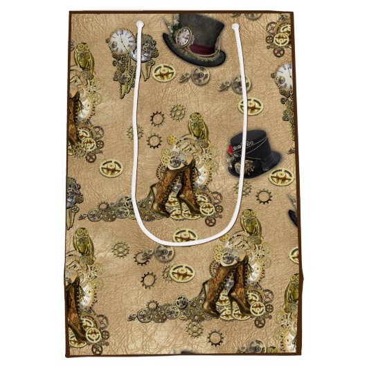 Steampunk-sculpturen op Tan Leather Texture Medium Cadeauzakje (Achterkant)