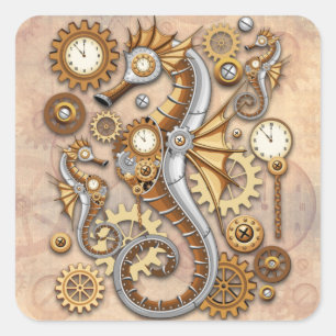 Steampunk Seahorse  Surreal Art Vierkante Sticker