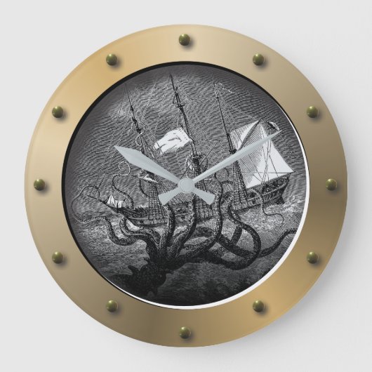 Steampunk Ships Porthole Giant Octopus Kraken Grote Klok (Voorkant)