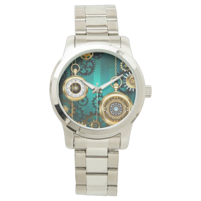 Steampunk-sieraden Horloge op een groene achtergro (Voorkant)