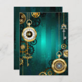 Steampunk-sieraden Horloge op een groene achtergro Aankondiging (Voorkant / Achterkant)