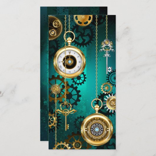 Steampunk-sieraden Horloge op een groene achtergro Bedankkaart (Voorkant / Achterkant)