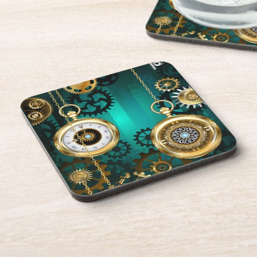 Steampunk-sieraden horloge op een groene achtergro bier onderzetter (Linkerzijde)