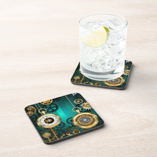 Steampunk-sieraden horloge op een groene achtergro bier onderzetter (Rechterzijde)