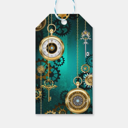 Steampunk-sieraden Horloge op een groene achtergro Cadeaulabel (Voorkant)