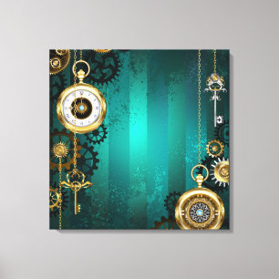 Steampunk-sieraden Horloge op een groene achtergro Canvas Afdruk
