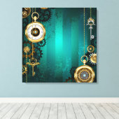 Steampunk-sieraden Horloge op een groene achtergro Canvas Afdruk (Insitu (Houten vloer))