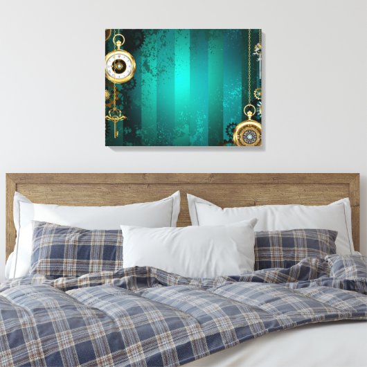Steampunk-sieraden Horloge op een groene achtergro Canvas Afdruk (Insitu (Slaapkamer))