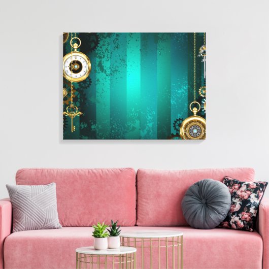 Steampunk-sieraden Horloge op een groene achtergro Canvas Afdruk (Insitu (Woonkamer))