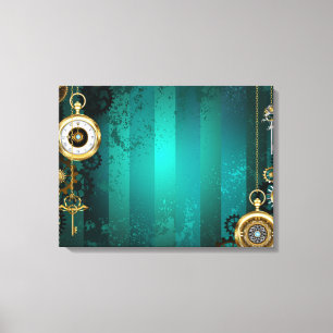 Steampunk-sieraden Horloge op een groene achtergro Canvas Afdruk