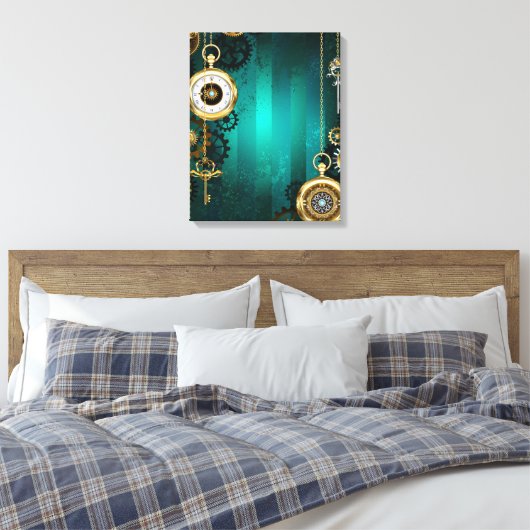 Steampunk-sieraden Horloge op een groene achtergro Canvas Afdruk (Insitu (Slaapkamer))