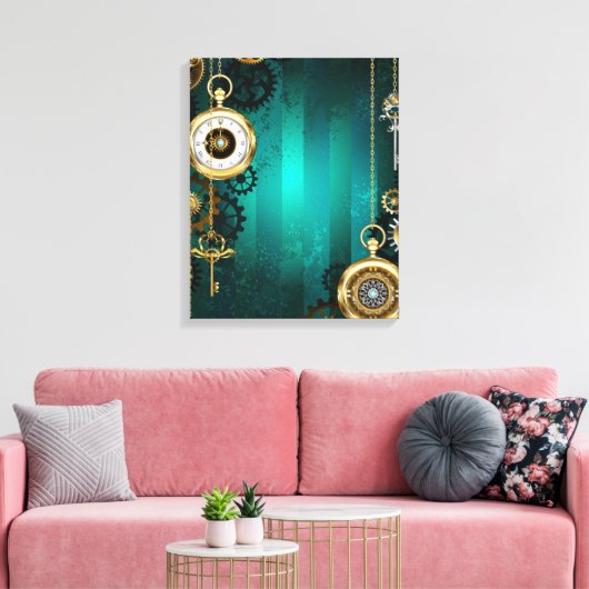 Steampunk-sieraden Horloge op een groene achtergro Canvas Afdruk (Insitu (Woonkamer))