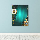 Steampunk-sieraden Horloge op een groene achtergro Canvas Afdruk (Insitu (Houten vloer))