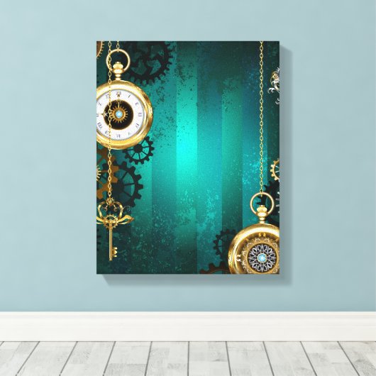 Steampunk-sieraden horloge op een groene achtergro canvas afdruk (Insitu (Houten vloer))