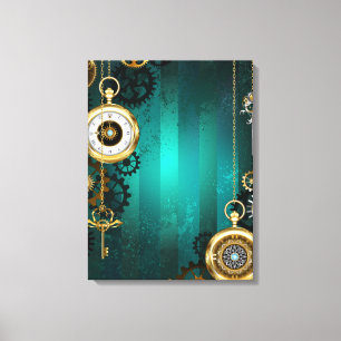 Steampunk-sieraden Horloge op een groene achtergro Canvas Afdruk