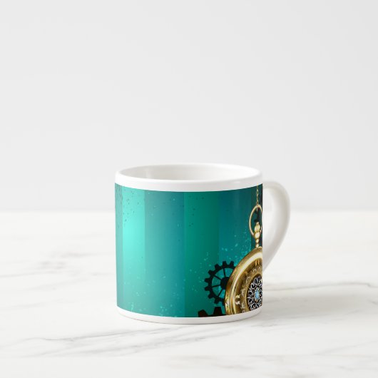 Steampunk-sieraden Horloge op een groene achtergro Espresso Kop (Voorkant rechts)
