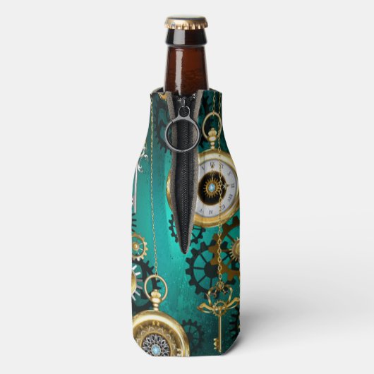 Steampunk-sieraden Horloge op een groene achtergro Flesjeskoeler (Fles Achterkant)