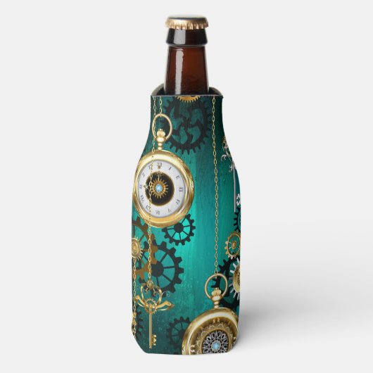 Steampunk-sieraden Horloge op een groene achtergro Flesjeskoeler (Fles Voorkant)