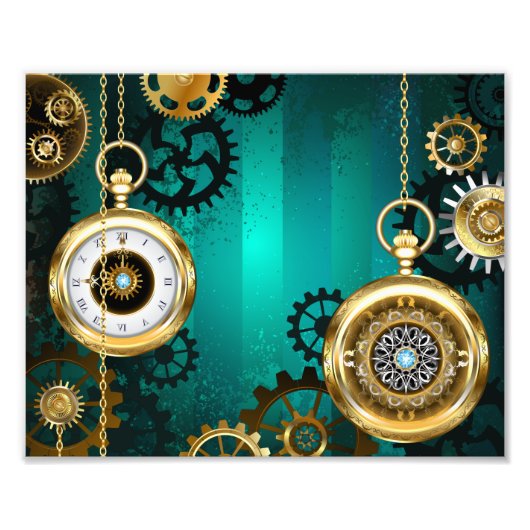 Steampunk-sieraden Horloge op een groene achtergro Foto Afdruk (Voorkant)