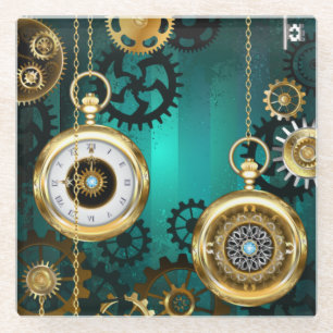 Steampunk-sieraden Horloge op een groene achtergro Glazen Onderzetter